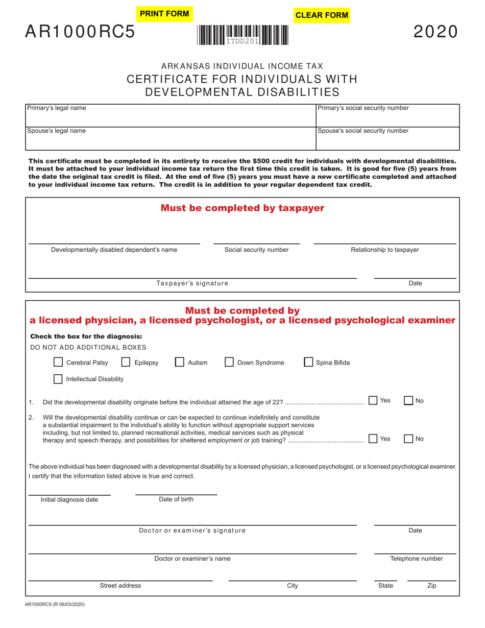 Form AR1000RC5 Certificate for Individuals With Developmental Disabilities - Arkansas, Page 1