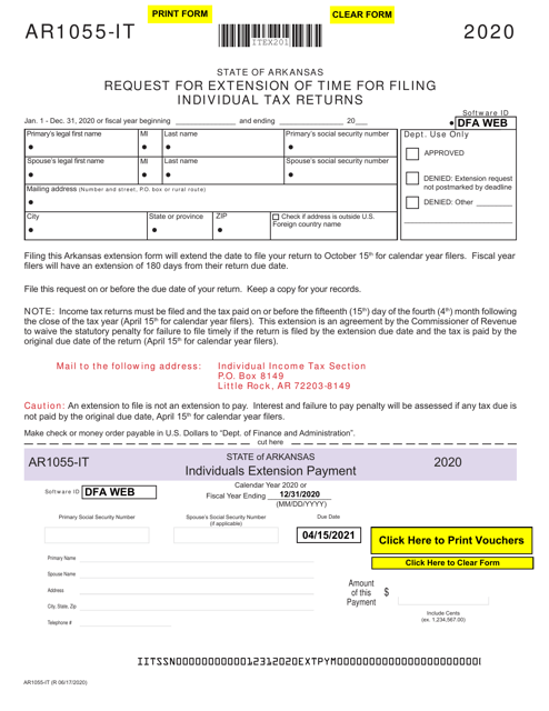 Form AR1055-IT Request for Extension of Time for Filing Individual Tax Returns - Arkansas, 2020