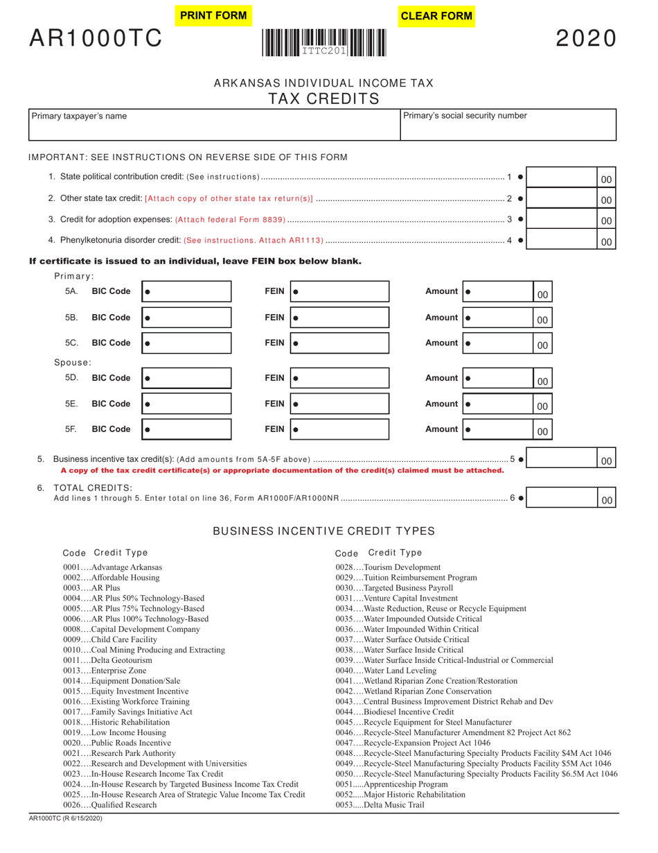 Form Ar1000tc 2020 Fill Out Sign Online And Download Fillable Pdf Arkansas Templateroller 8256