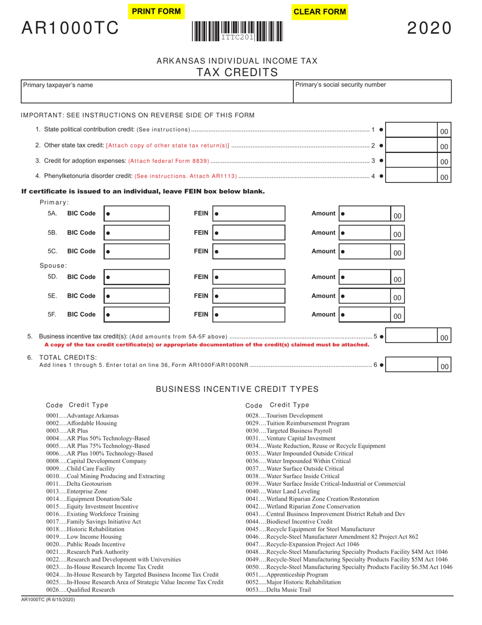 Form AR1000TC Tax Credits - Arkansas, Page 1