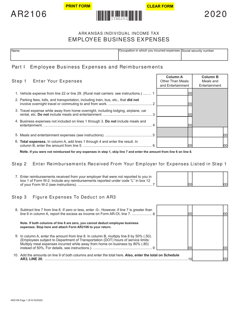 Form AR2106 Employee Business Expenses - Arkansas, Page 1