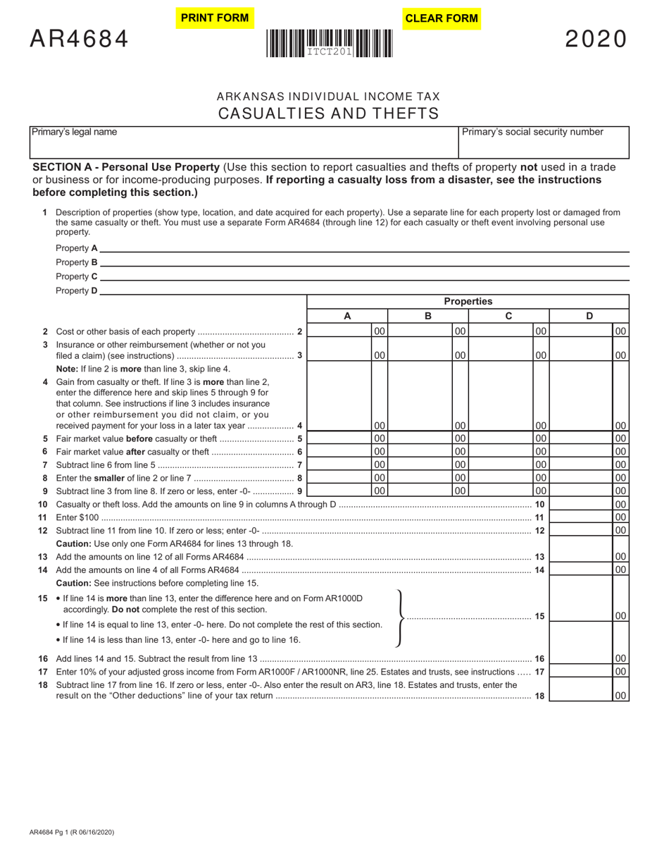 Form AR4684 Casualties and Thefts - Arkansas, Page 1