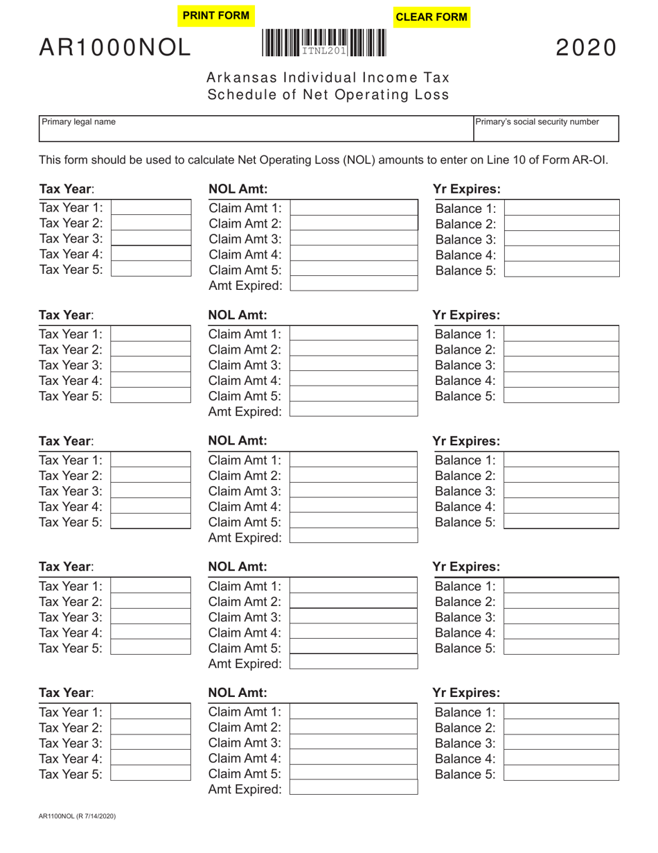 Form AR1000NOL Schedule of Net Operating Loss - Arkansas, Page 1