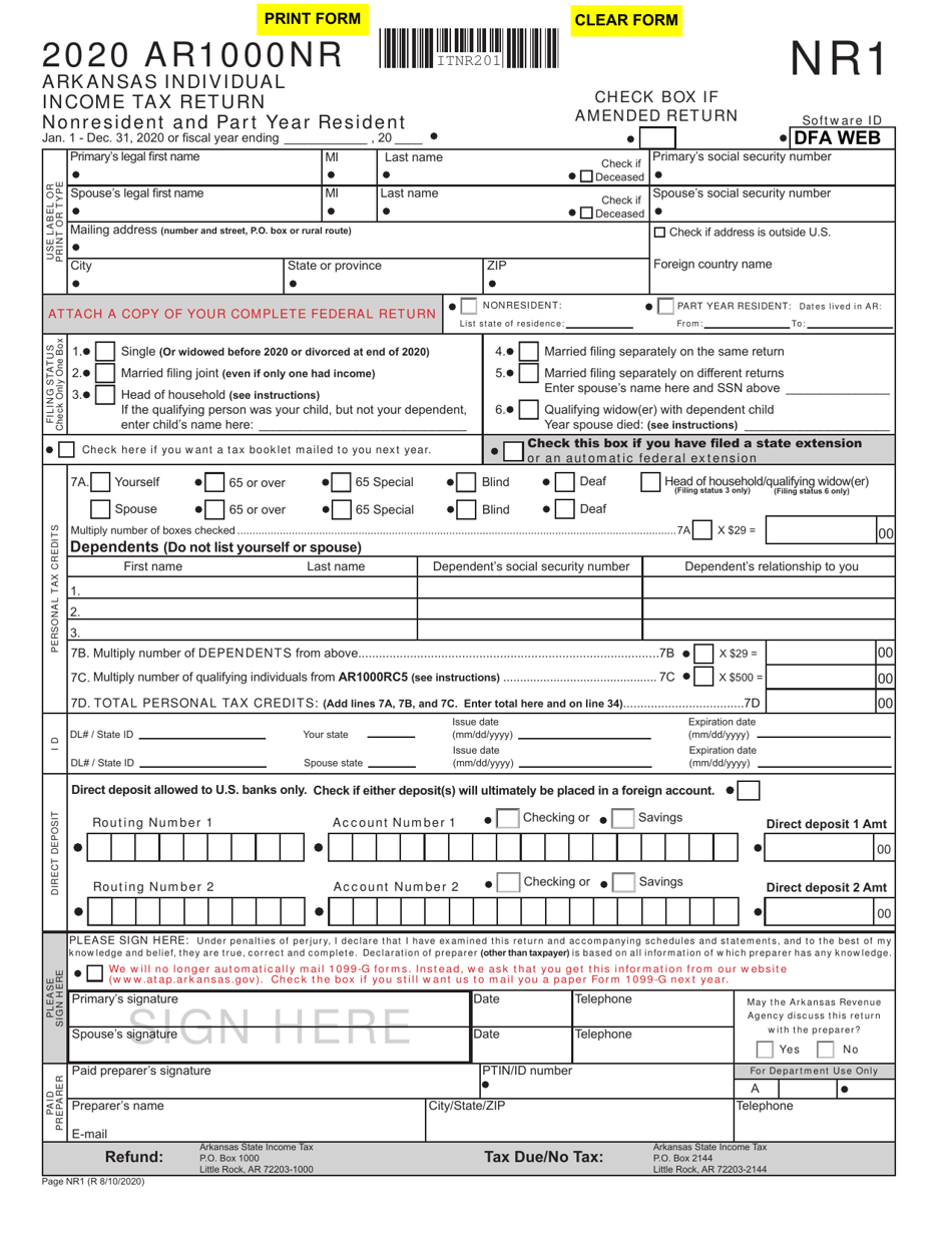 Form AR1000NR Part Year or Non-resident Individual Income Tax Return - Arkansas, Page 1