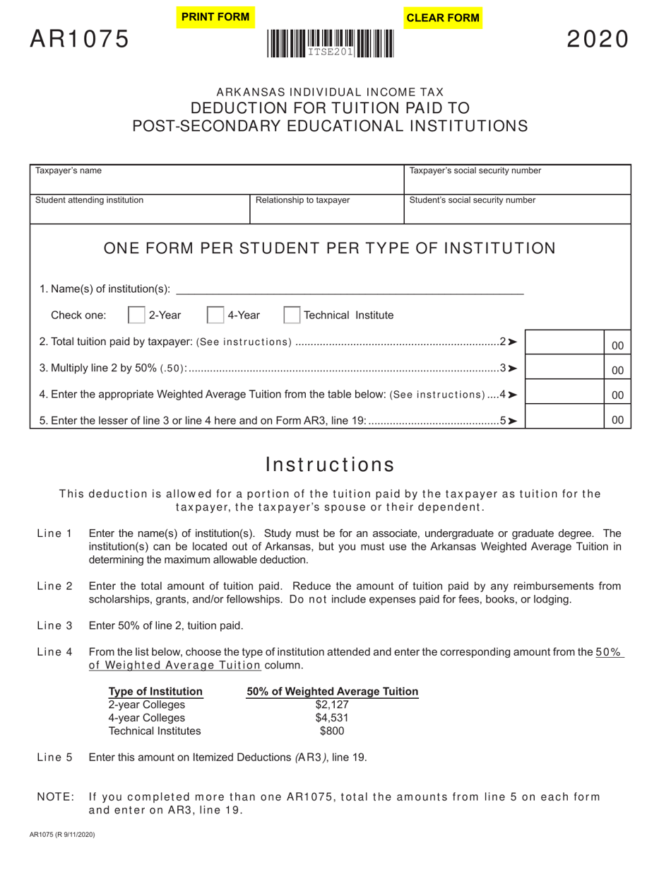 Form AR1075 Deduction for Tuition Paid to Post-secondary Educational Institutions - Arkansas, Page 1