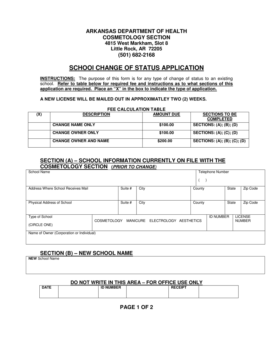 Arkansas School Change of Status Application Download Printable PDF