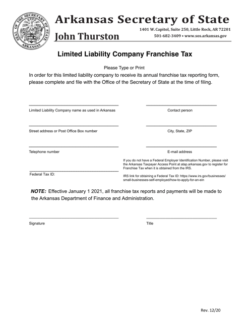 Limited Liability Company Franchise Tax - Arkansas Download Pdf