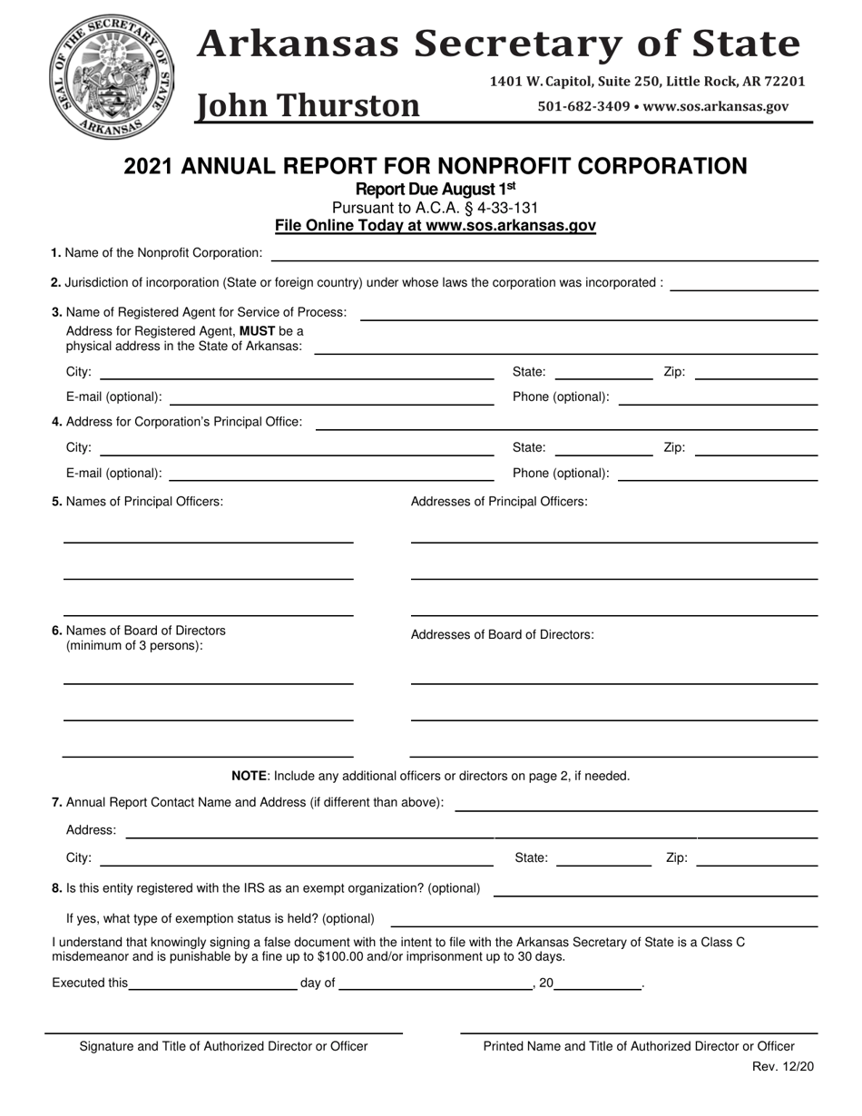Annual Report for Nonprofit Corporation - Arkansas, Page 1