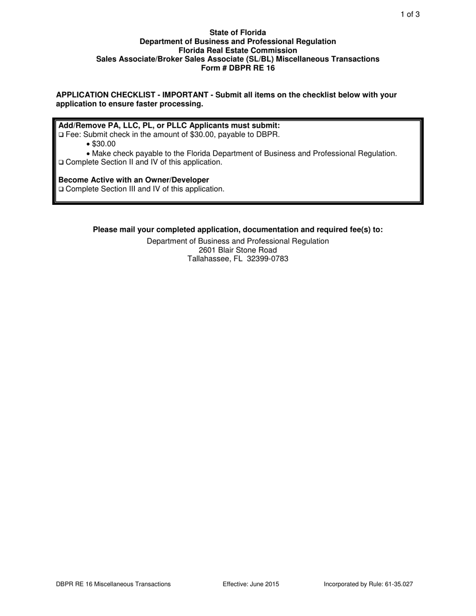 Form DBPR RE16 - Fill Out, Sign Online and Download Printable PDF ...