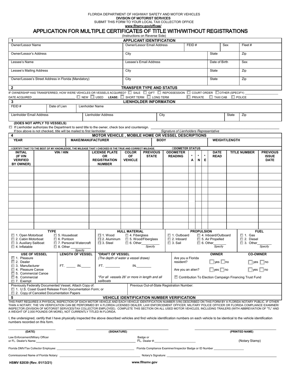 Form HSMV82039 Application for Multiple Certificates of Title With / Without Registrations - Florida, Page 1
