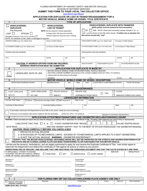 Form HSMV82101 Application for Duplicate or Lost in Transit/Reassignment for a Motor Vehicle, Mobile Home or Vessel Title Certificate - Florida