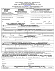 Form HSMV82101 &quot;Application for Duplicate or Lost in Transit/Reassignment for a Motor Vehicle, Mobile Home or Vessel Title Certificate&quot; - Florida