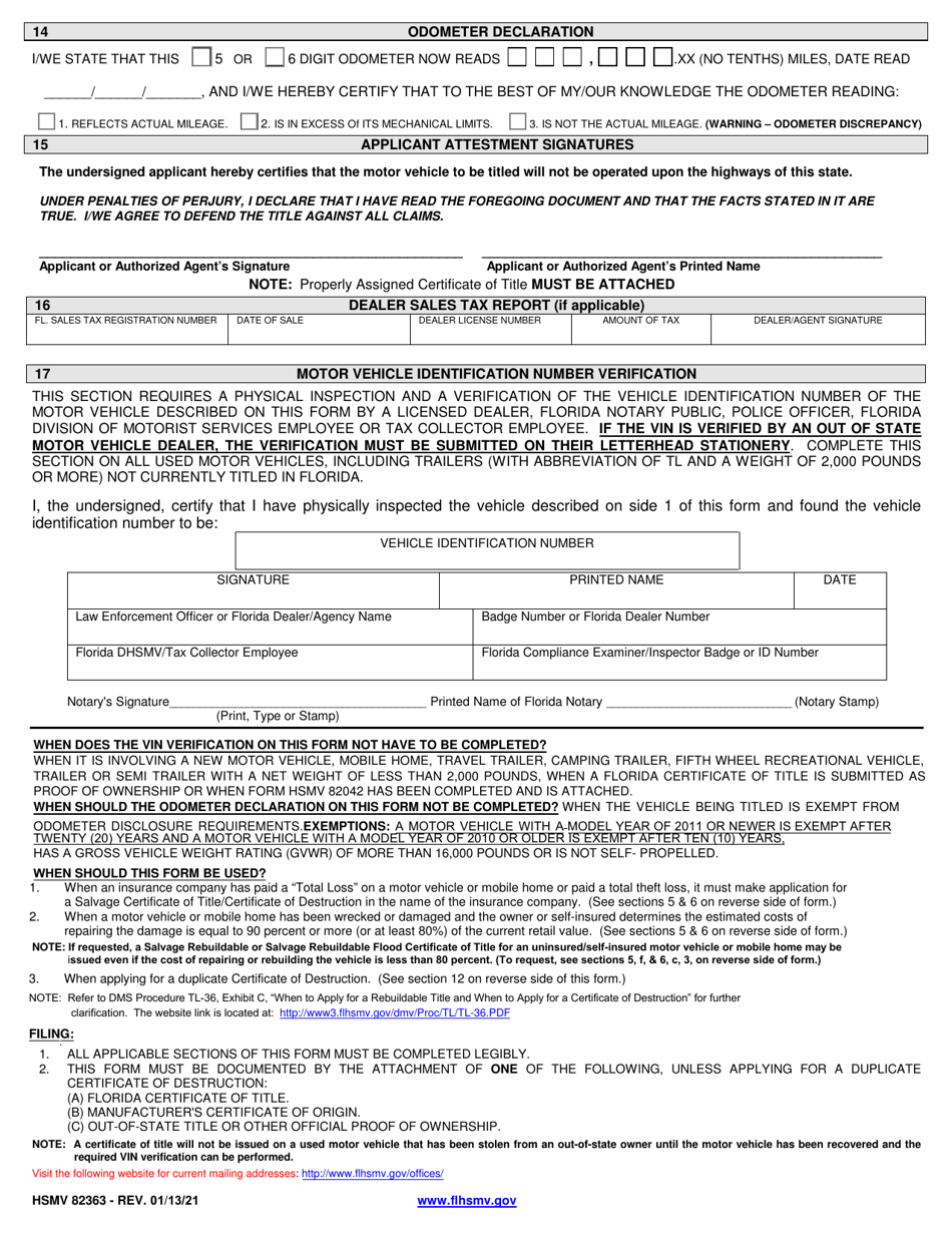 Form HSMV82363 Application for Salvage Title / Certificate of Destruction - Florida, Page 2