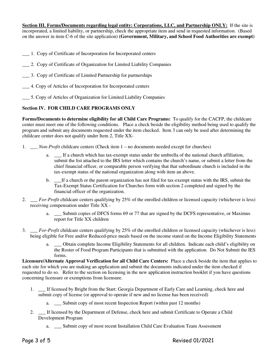 Add-A-site Checklist - Center Sponsor Adding Traditional Child or Adult Facilities - Georgia (United States), Page 3