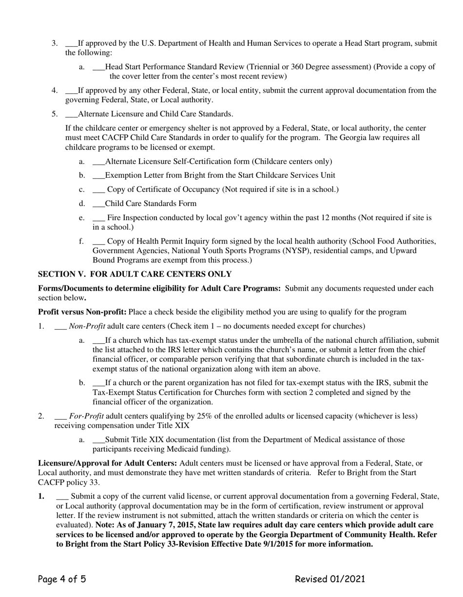 Add-A-site Checklist - Center Sponsor Adding Traditional Child or Adult Facilities - Georgia (United States), Page 4