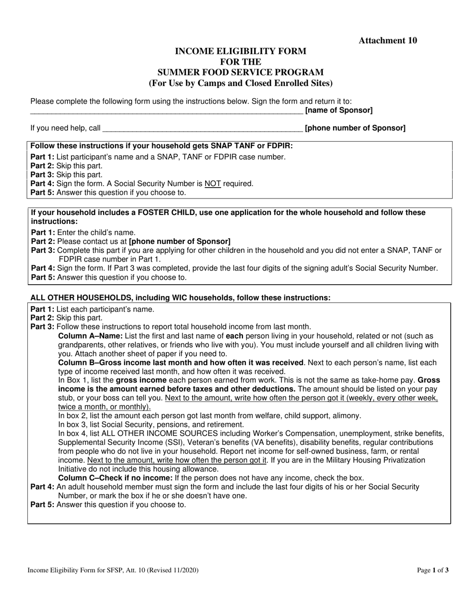 Attachment 10 Income Eligibility Form for the Summer Food Service Program (For Use by Camps and Closed Enrolled Sites) - Georgia (United States), Page 1