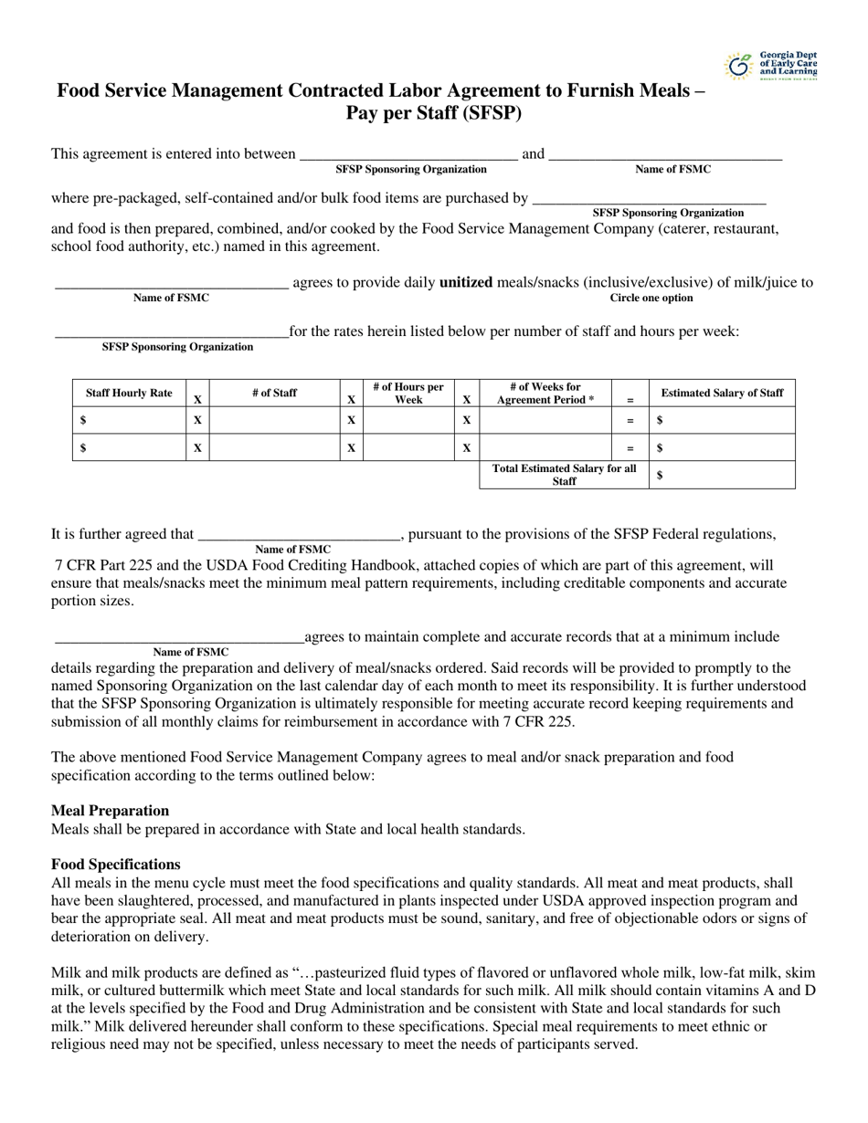 Food Service Management Contracted Labor Agreement to Furnish Meals - Pay Per Staff (Sfsp) - Georgia (United States), Page 1