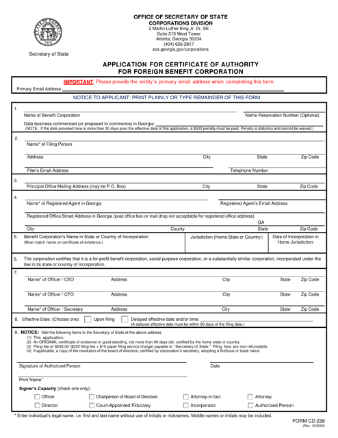 Form CD239 Application for Certificate of Authority for Foreign Benefit Corporation - Georgia (United States)