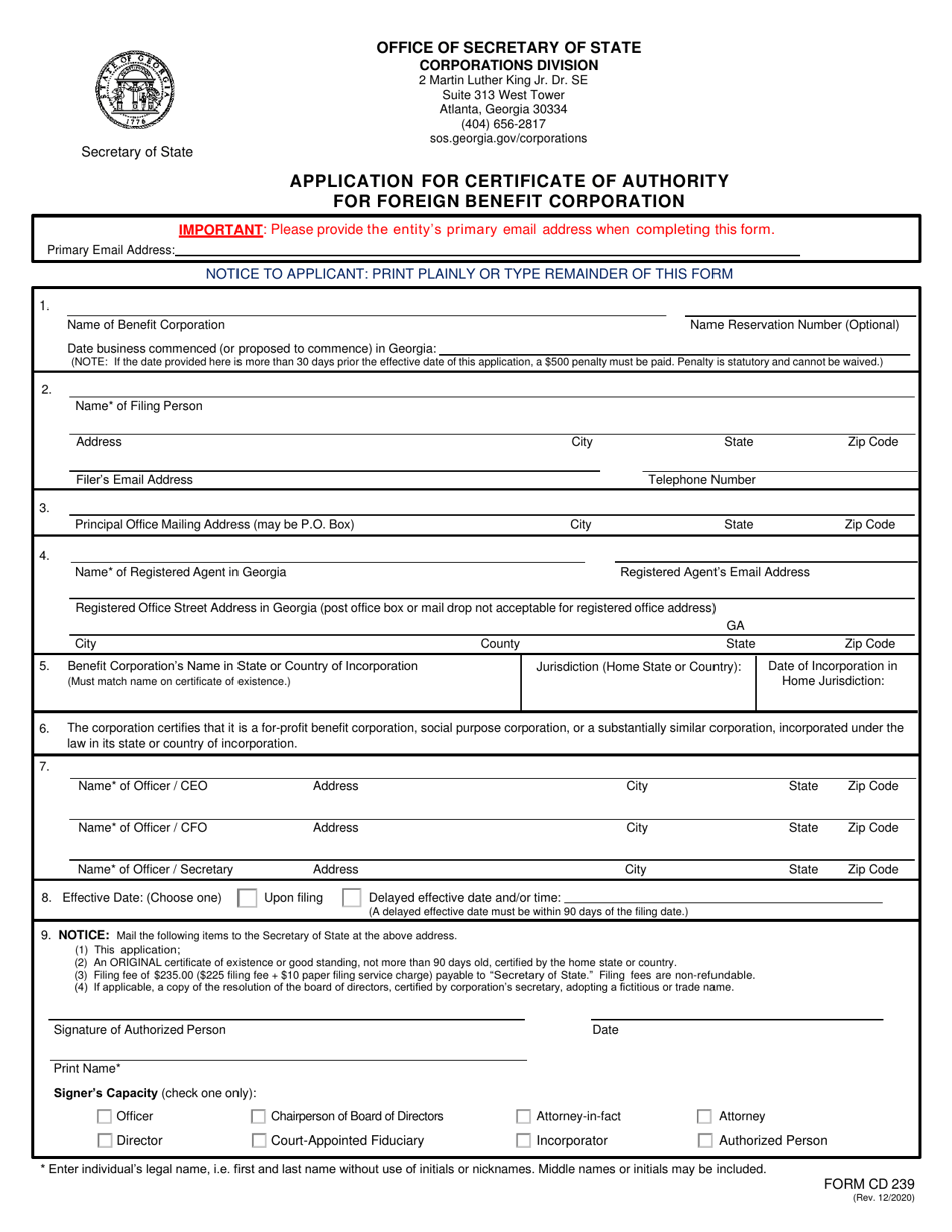 Form CD239 Application for Certificate of Authority for Foreign Benefit Corporation - Georgia (United States), Page 1