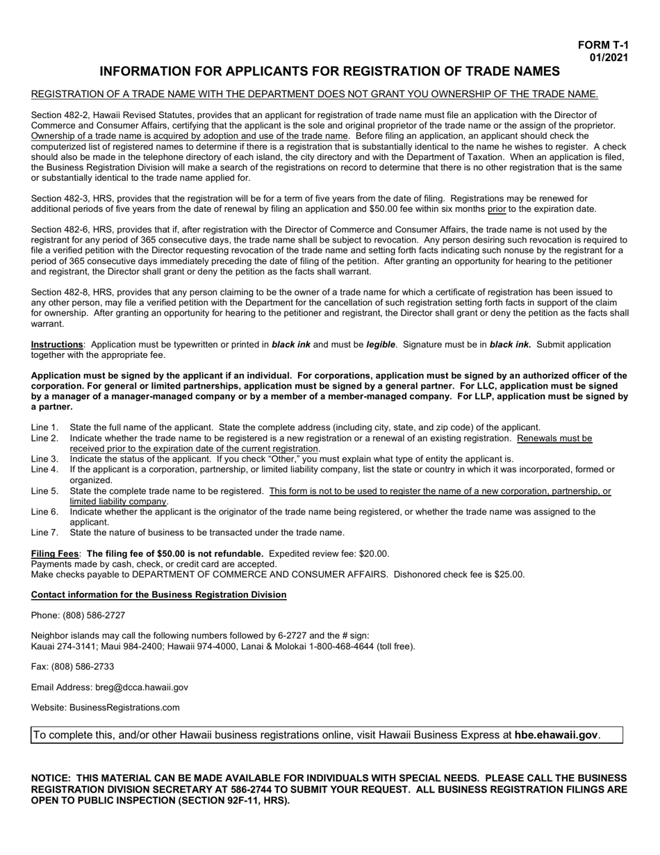 Form T-1 Application for Registration of Trade Name - Hawaii, Page 3