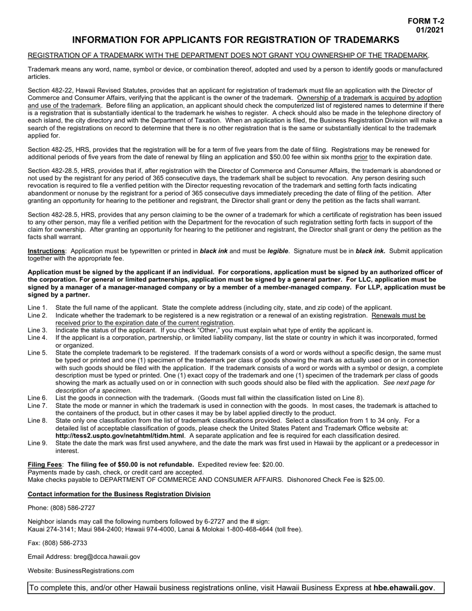 Form T-2 Application for Registration of Trademark - Hawaii, Page 3