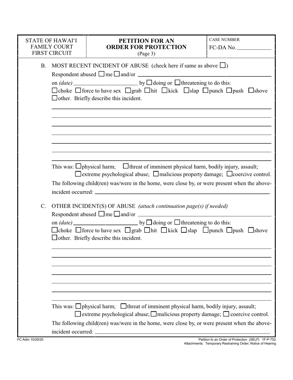 Form 1F-P-752 Petition for an Order for Protection - Hawaii, Page 3
