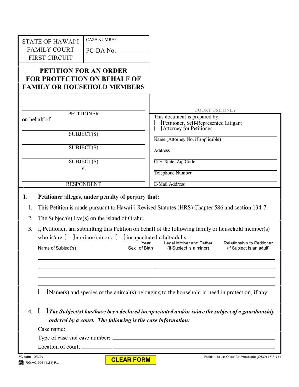 Form 1F-P-754 Petition for an Order for Protection on Behalf of a Family or Household Members - Hawaii, Page 1