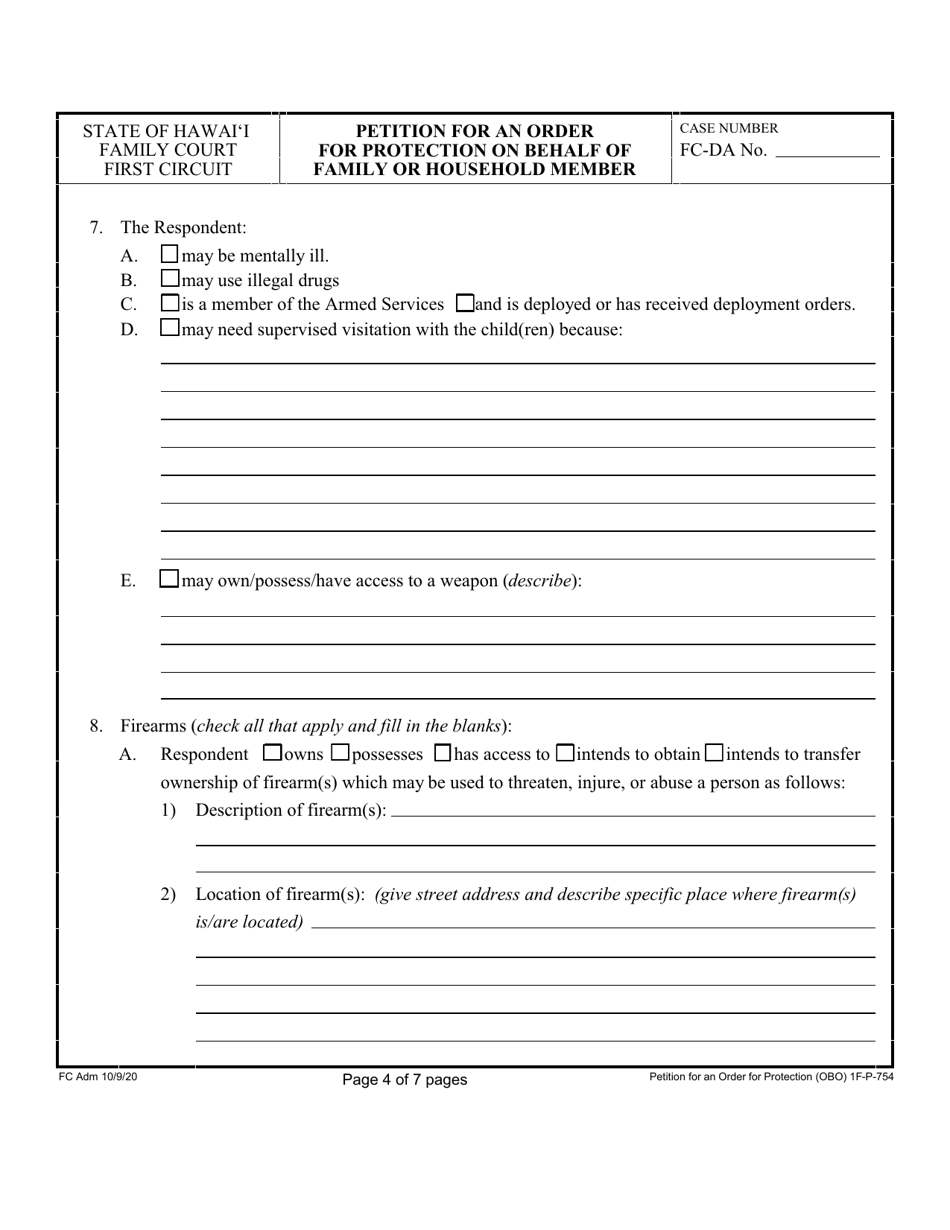 Form 1F-P-754 Petition for an Order for Protection on Behalf of a Family or Household Members - Hawaii, Page 4