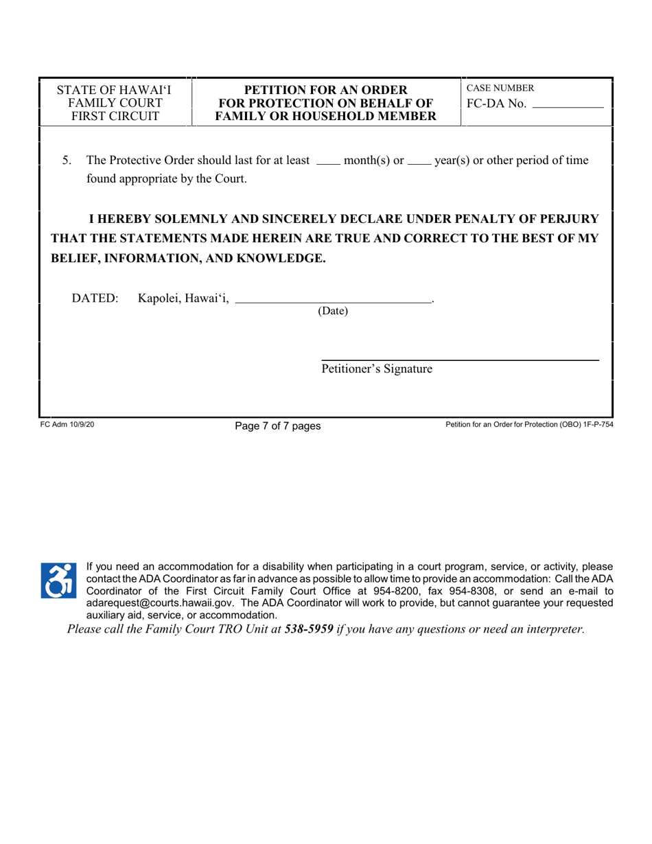 Form 1F-P-754 Petition for an Order for Protection on Behalf of a Family or Household Members - Hawaii, Page 7
