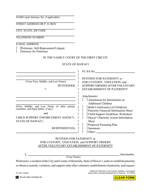 Form 1F-P-997A Petition for Paternity or for Custody, Visitation, and Support Orders After Voluntary Establishment of Paternity - Hawaii