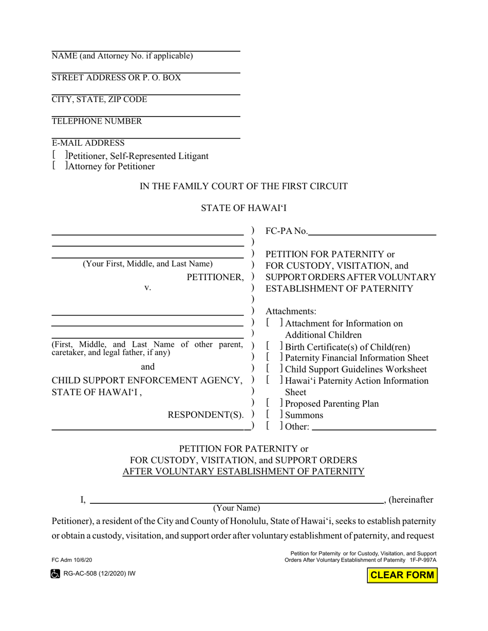 Form 1F-P-997A Petition for Paternity or for Custody, Visitation, and Support Orders After Voluntary Establishment of Paternity - Hawaii, Page 1