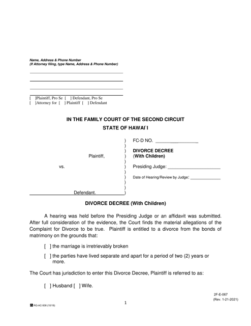 Form 2F-E-067 Decree Granting Divorce and Awarding Child Custody - Hawaii