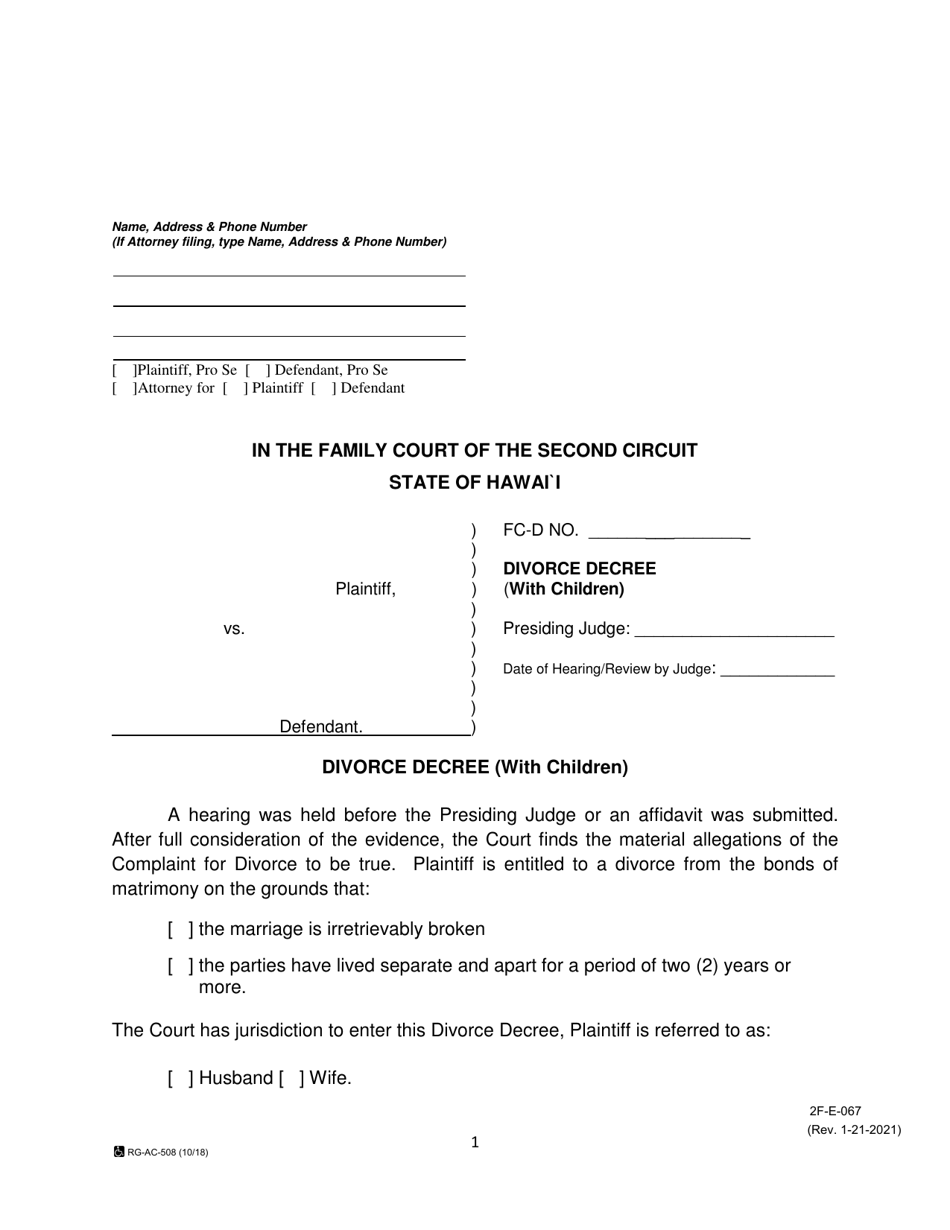 Form 2F-E-067 Decree Granting Divorce and Awarding Child Custody - Hawaii, Page 1