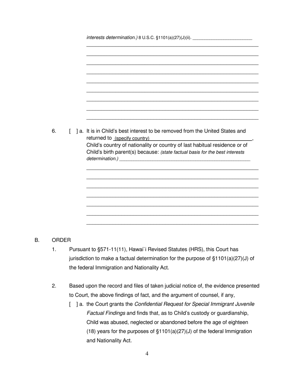 Form 2F-P-564 Order Granting / Denying Confidential Request for Special Immigration Juvenile Factual Findings - Hawaii, Page 4