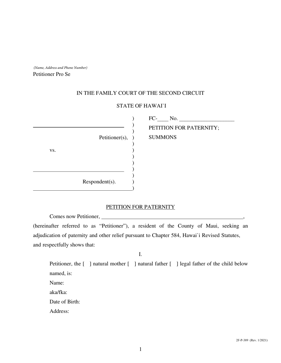Form 2F-P-389 Petition for Paternity; Summons - Hawaii, Page 1