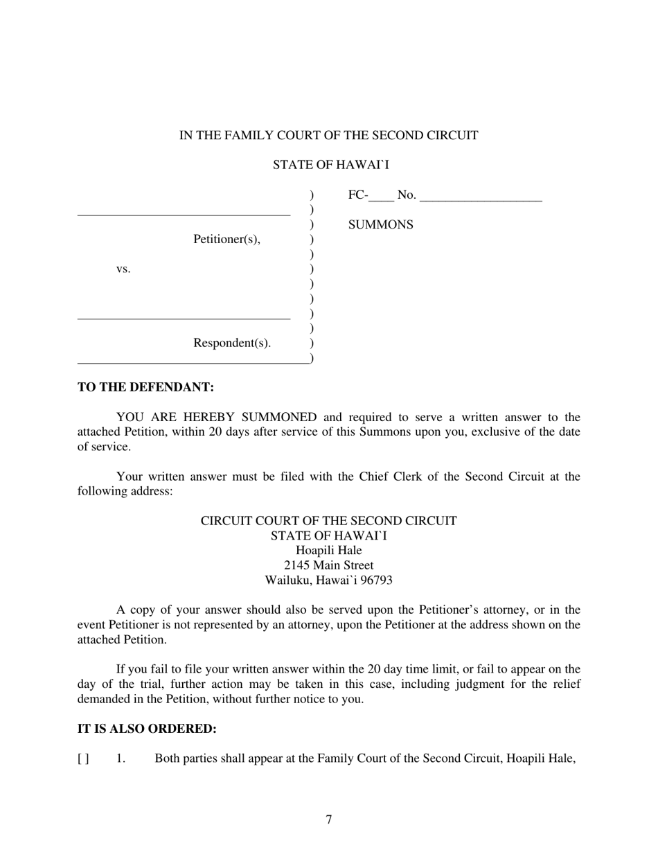 Form 2F-P-389 Petition for Paternity; Summons - Hawaii, Page 7