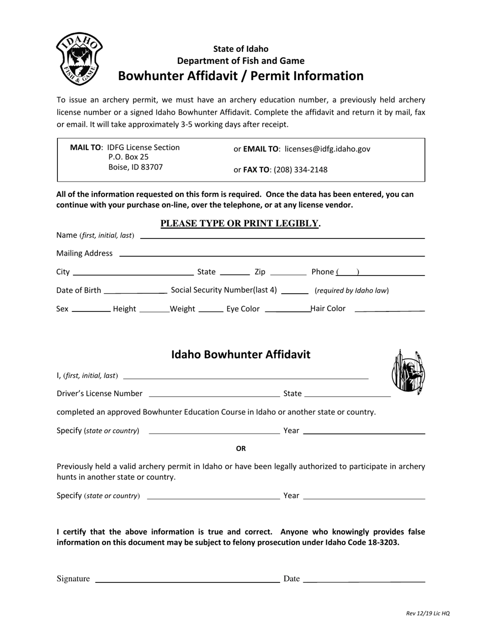 Bowhunter Affidavit / Permit Information - Idaho, Page 1