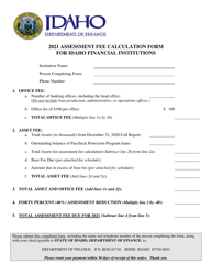 Assessment Fee Calculation Form for Idaho Financial Institutions - Idaho, 2021
