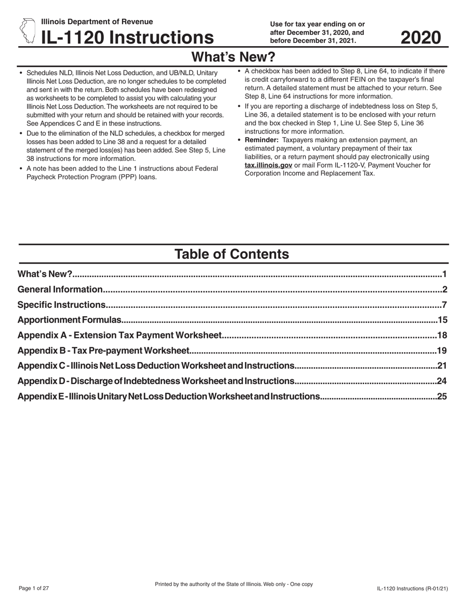 Instructions for Form IL-1120 Corporation Income and Replacement Tax Return - Illinois, Page 1