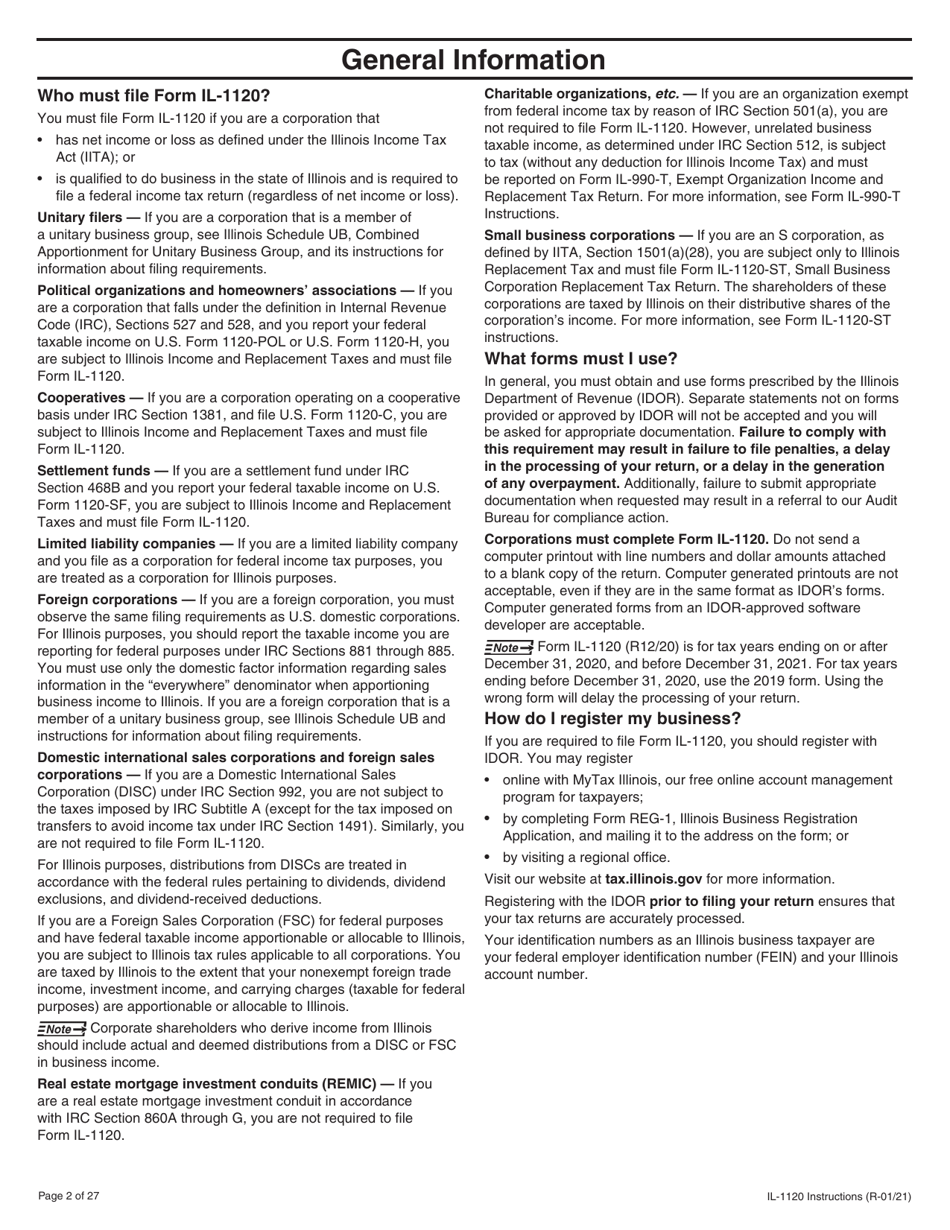 Instructions for Form IL-1120 Corporation Income and Replacement Tax Return - Illinois, Page 2