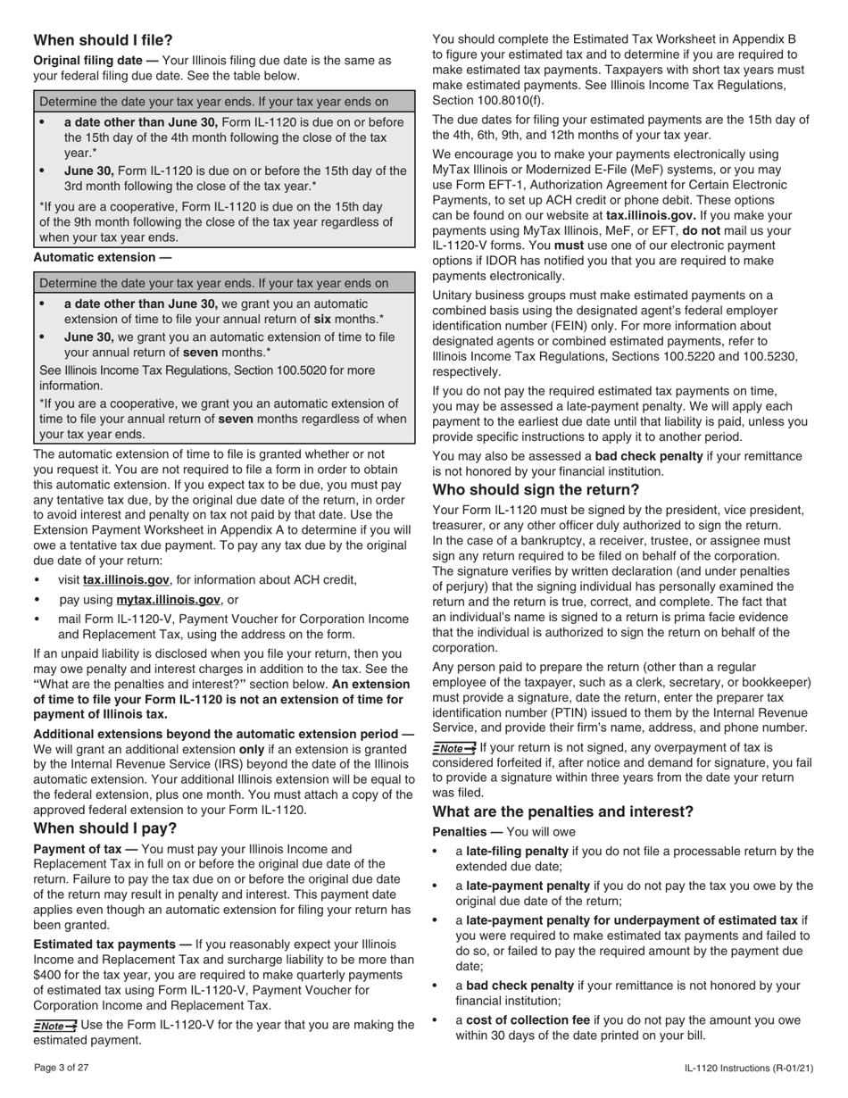 Instructions for Form IL-1120 Corporation Income and Replacement Tax Return - Illinois, Page 3