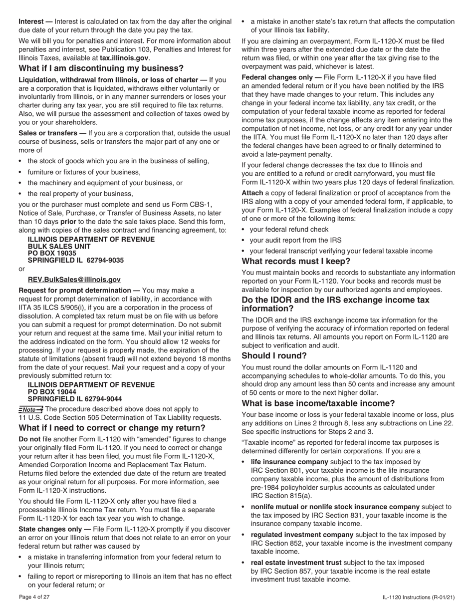 Instructions for Form IL-1120 Corporation Income and Replacement Tax Return - Illinois, Page 4