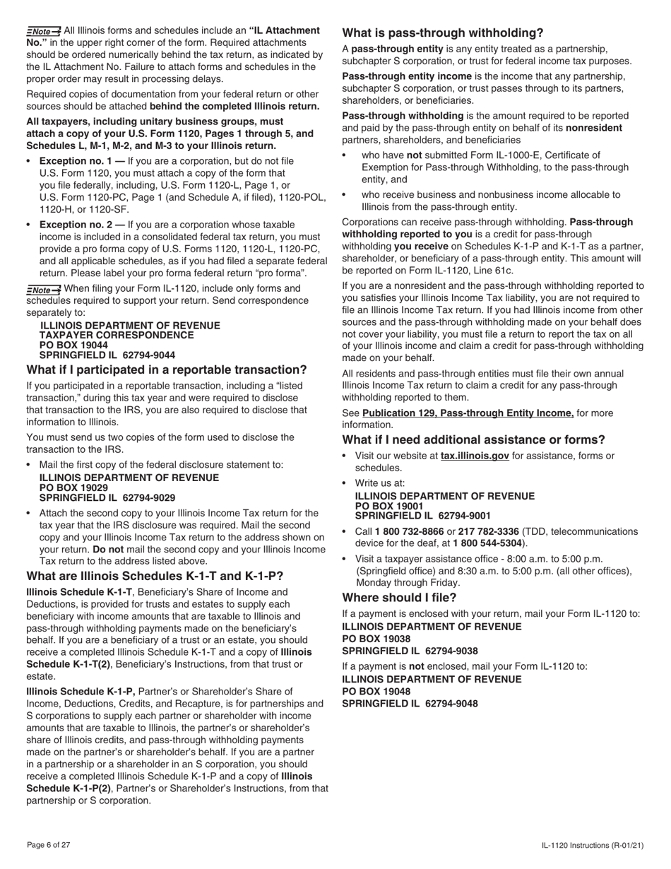 Instructions for Form IL-1120 Corporation Income and Replacement Tax Return - Illinois, Page 6