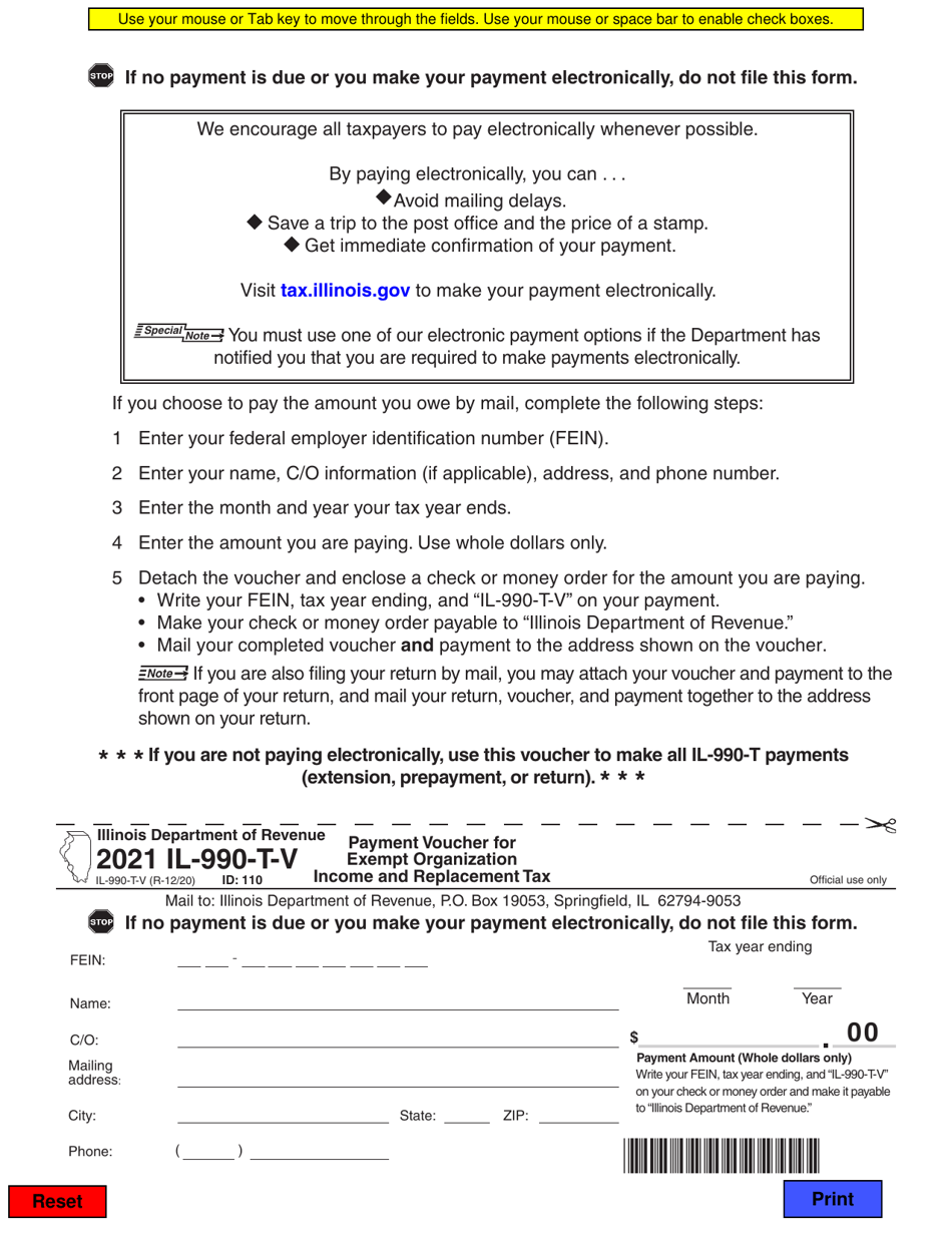Form IL-990-T-V Payment Voucher for Exempt Organization Income and Replacement Tax - Illinois, Page 1