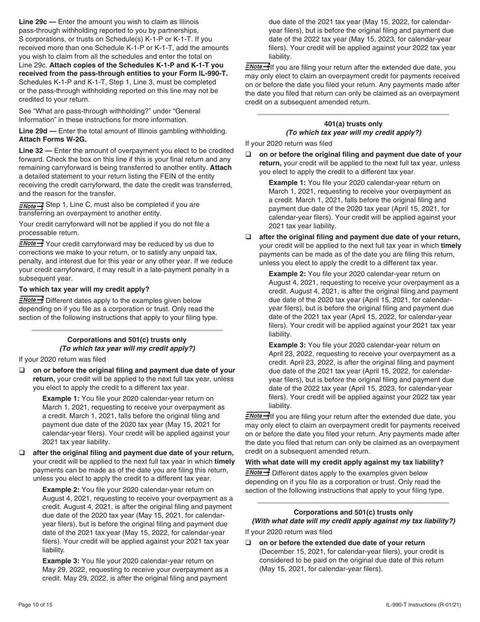 Instructions for Form IL-990-T Exempt Organization Income and Replacement Tax Return - Illinois, Page 10