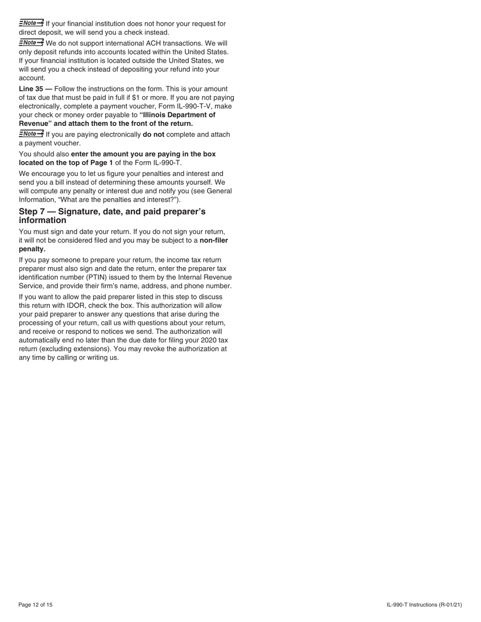 Instructions for Form IL-990-T Exempt Organization Income and Replacement Tax Return - Illinois, Page 12