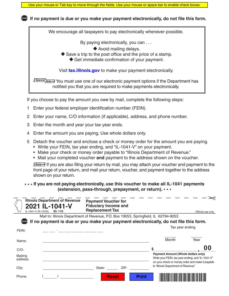 Form IL-1041-V Payment Voucher for Fiduciary Income and Replacement Tax - Illinois, Page 1
