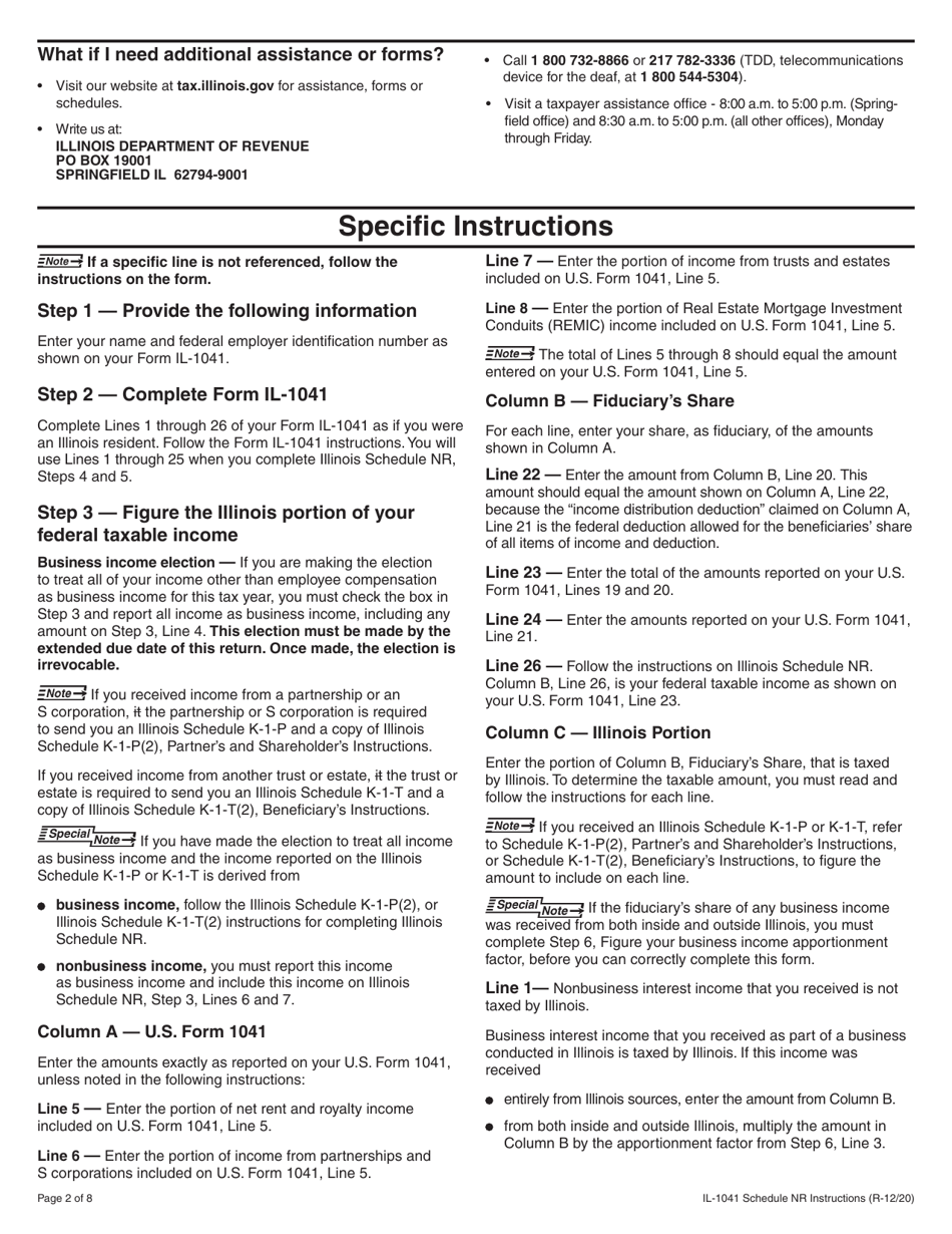 Instructions for Form IL-1041 Schedule NR Nonresident Computation of Fiduciary Income - Illinois, Page 2