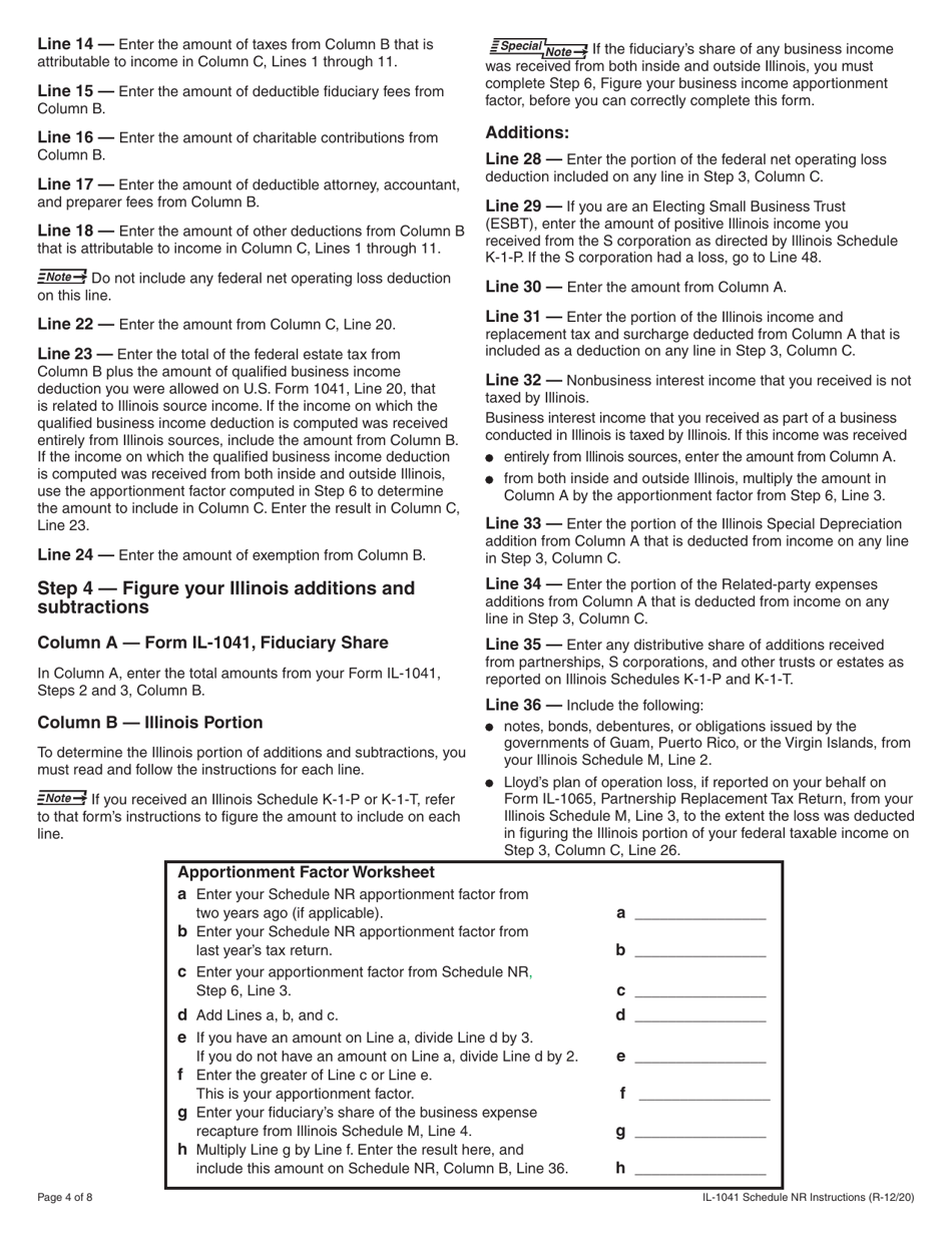 Instructions for Form IL-1041 Schedule NR Nonresident Computation of Fiduciary Income - Illinois, Page 4