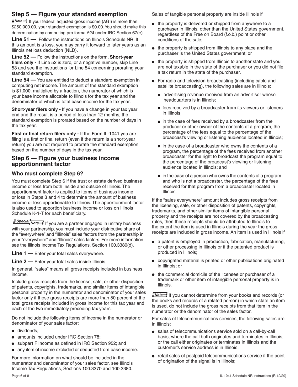 Instructions for Form IL-1041 Schedule NR Nonresident Computation of Fiduciary Income - Illinois, Page 6